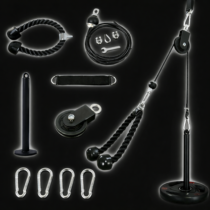 Heavy-duty home gym cable pulley system 7-piece set designed for strength training, resistance workouts, and full-body exercises at home.
