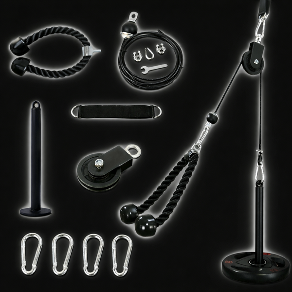 Heavy-duty home gym cable pulley system 7-piece set designed for strength training, resistance workouts, and full-body exercises at home.