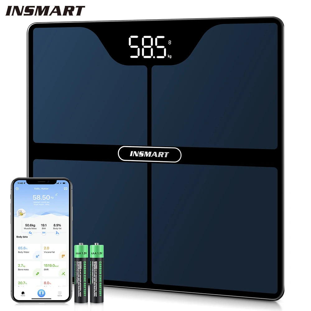 INSMART body fat scale front view showing sleek glass design