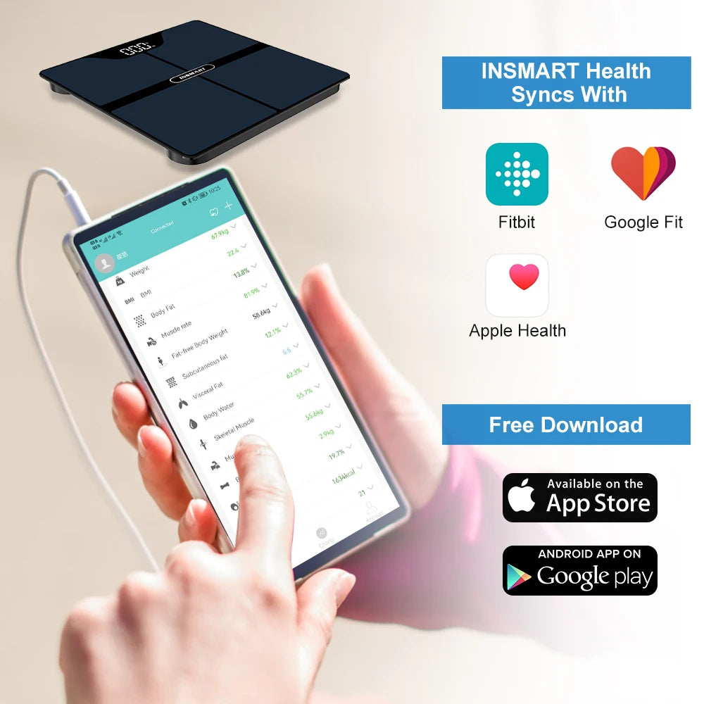 Tempered glass INSMART body fat scale platform with non-slip feel syncs tracking