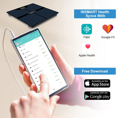 Tempered glass INSMART body fat scale platform with non-slip feel syncs tracking