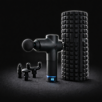 Muscle recovery bundle featuring a deep tissue massage gun and foam roller designed to reduce soreness, improve recovery, and support muscle relaxation after workouts.