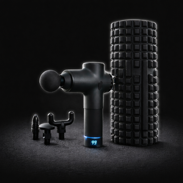 Muscle recovery bundle featuring a deep tissue massage gun and foam roller designed to reduce soreness, improve recovery, and support muscle relaxation after workouts.