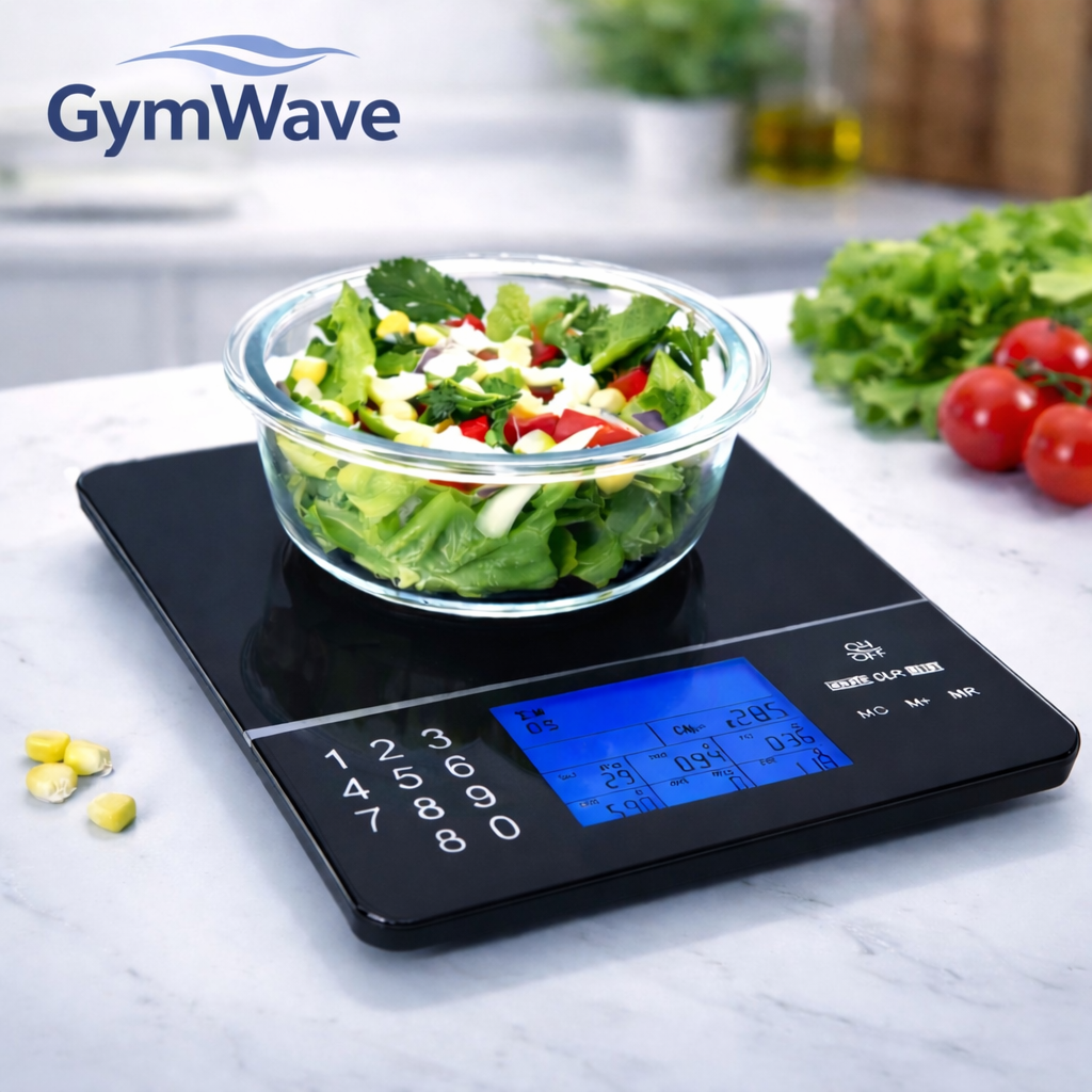 Digital nutrition food scale front view with LCD display showing calories