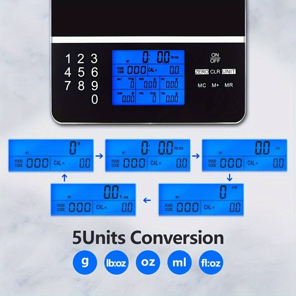 Sleek digital nutrition food scale on kitchen counter with ingredients