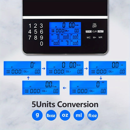 Sleek digital nutrition food scale on kitchen counter with ingredients