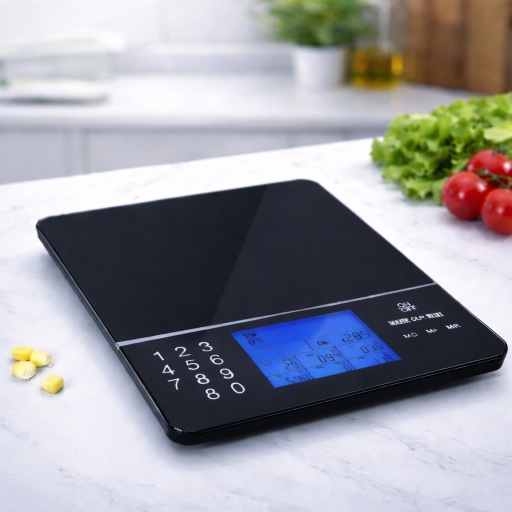Digital nutrition food scale as part of a healthy fitness lifestyle setup