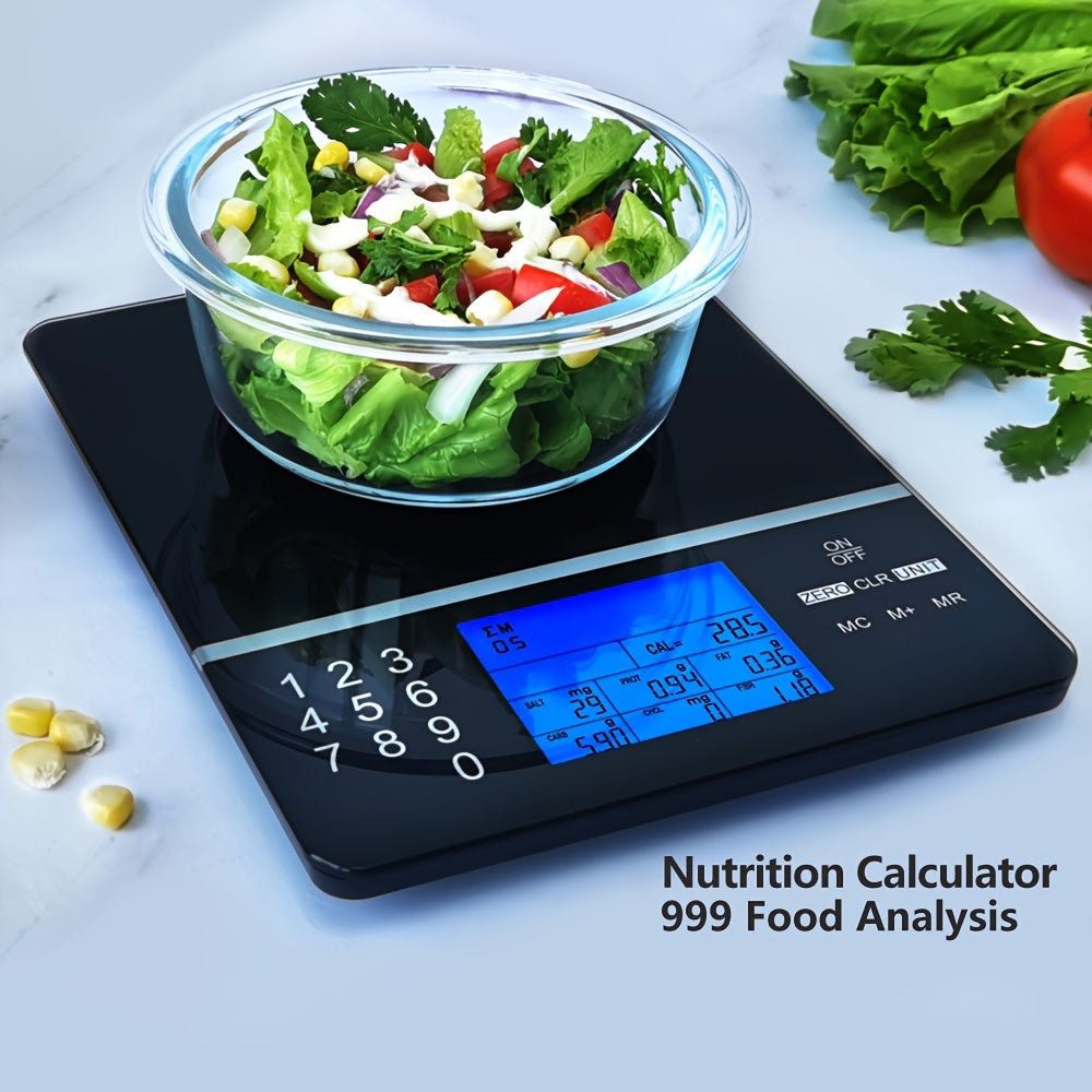 Close-up of nutrition food scale displaying protein, carbs, and fat info