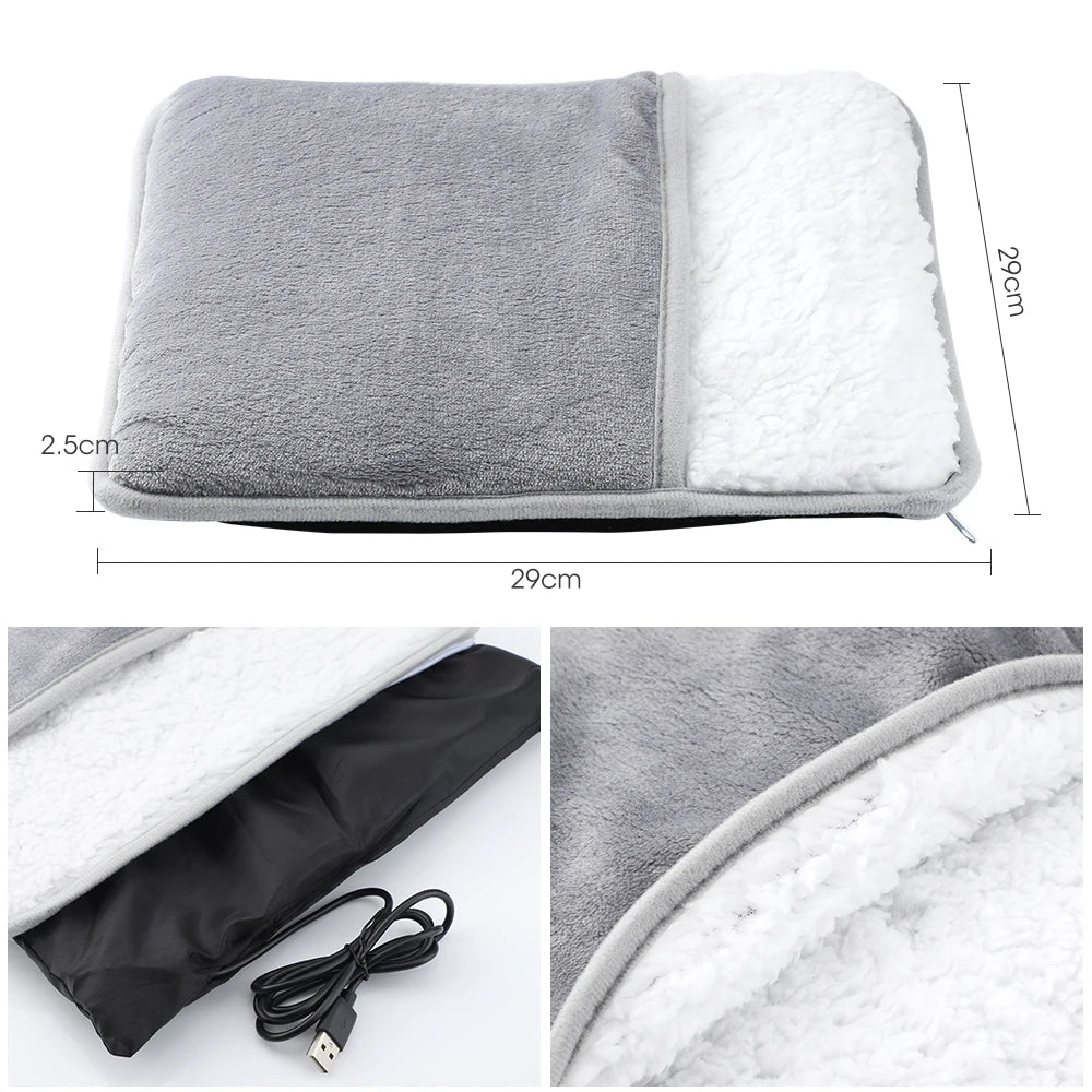 Gray and white electric heating pad with USB cable, measurements shown