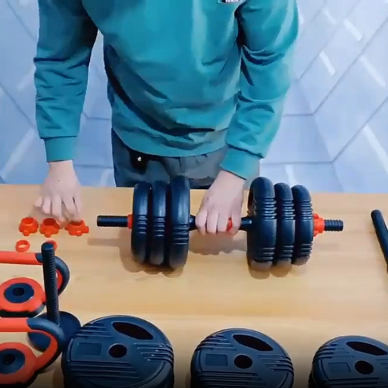 Home gym fitness set including barbell, kettlebell, push-up stand, and fitness chain