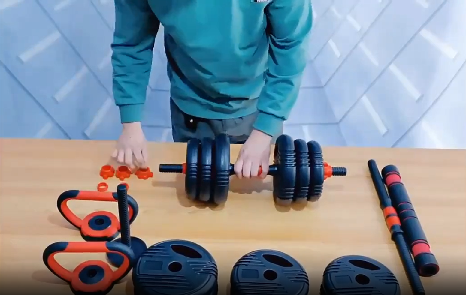 Home gym fitness set including barbell, kettlebell, push-up stand, and fitness chain