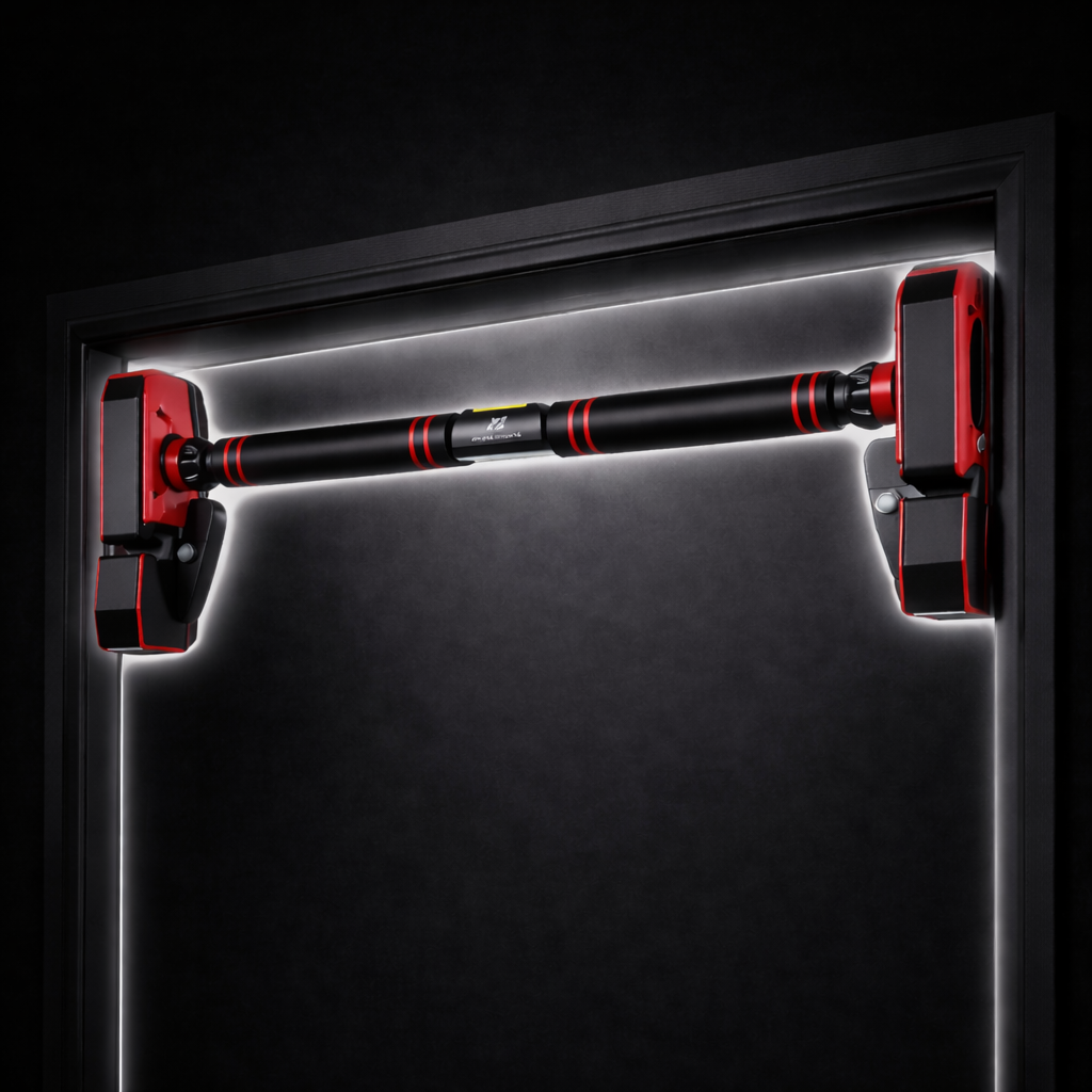 Screw-free doorway pull-up bar designed for easy installation and strength training at home, providing a secure grip for pull-ups, chin-ups, and upper body workouts without the need for drilling or permanent fixtures.