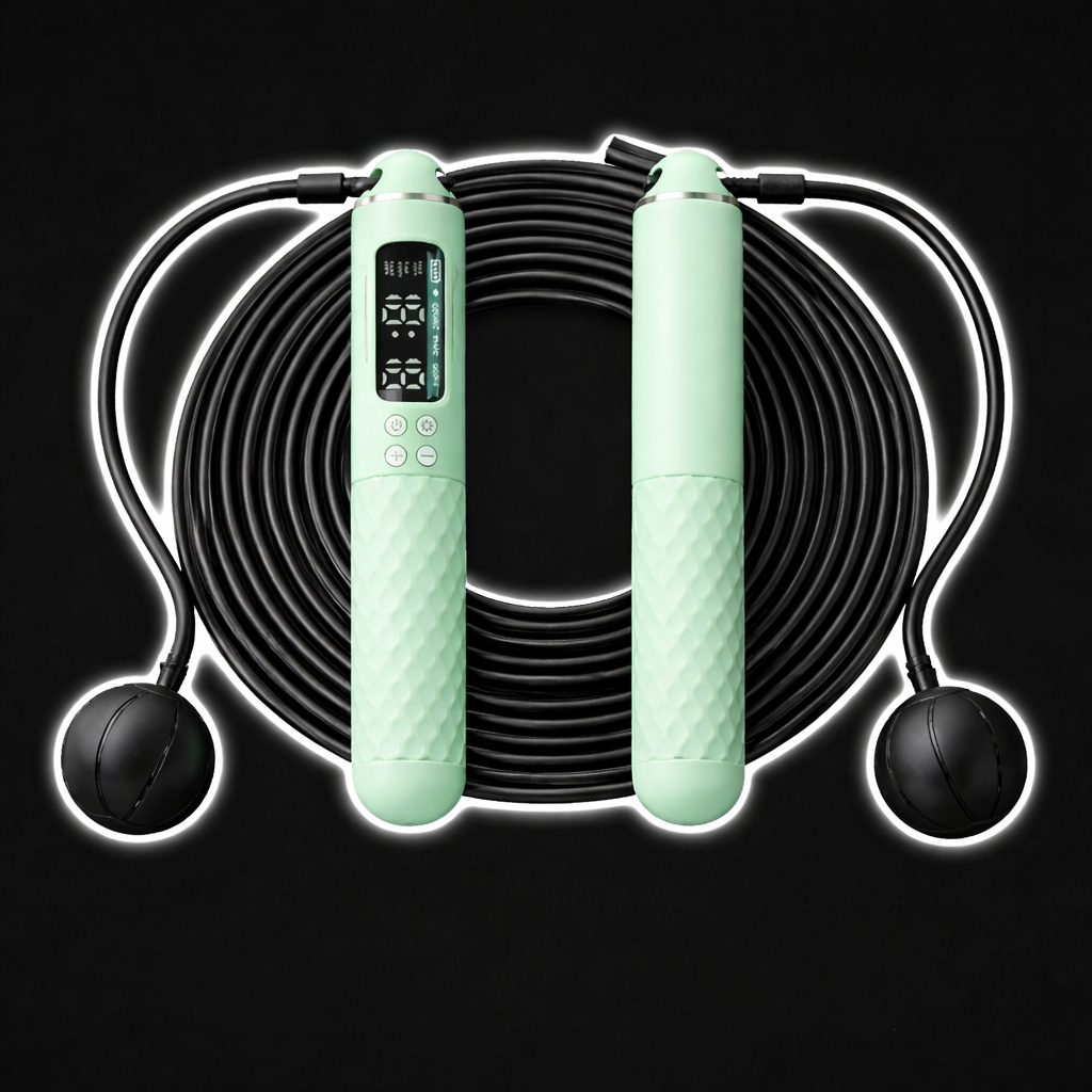Smart jump rope with USB rechargeable handle and built-in counter designed for cardio workouts, calorie tracking, and fitness training.