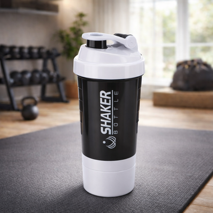 Hero shot of protein shaker bottle with glowing background