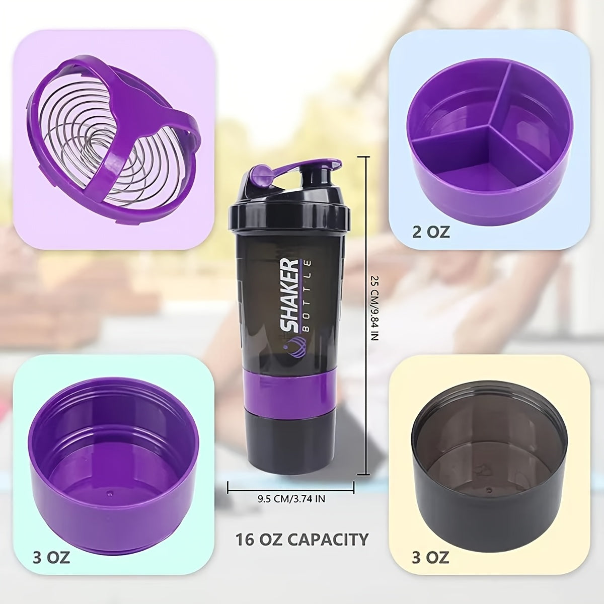 Shaker bottle in gym environment next to dumbbells