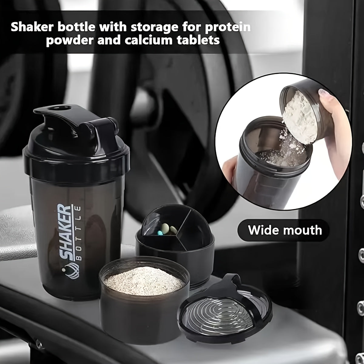 Protein shaker bottle open to show wide-mouth filling and cleaning