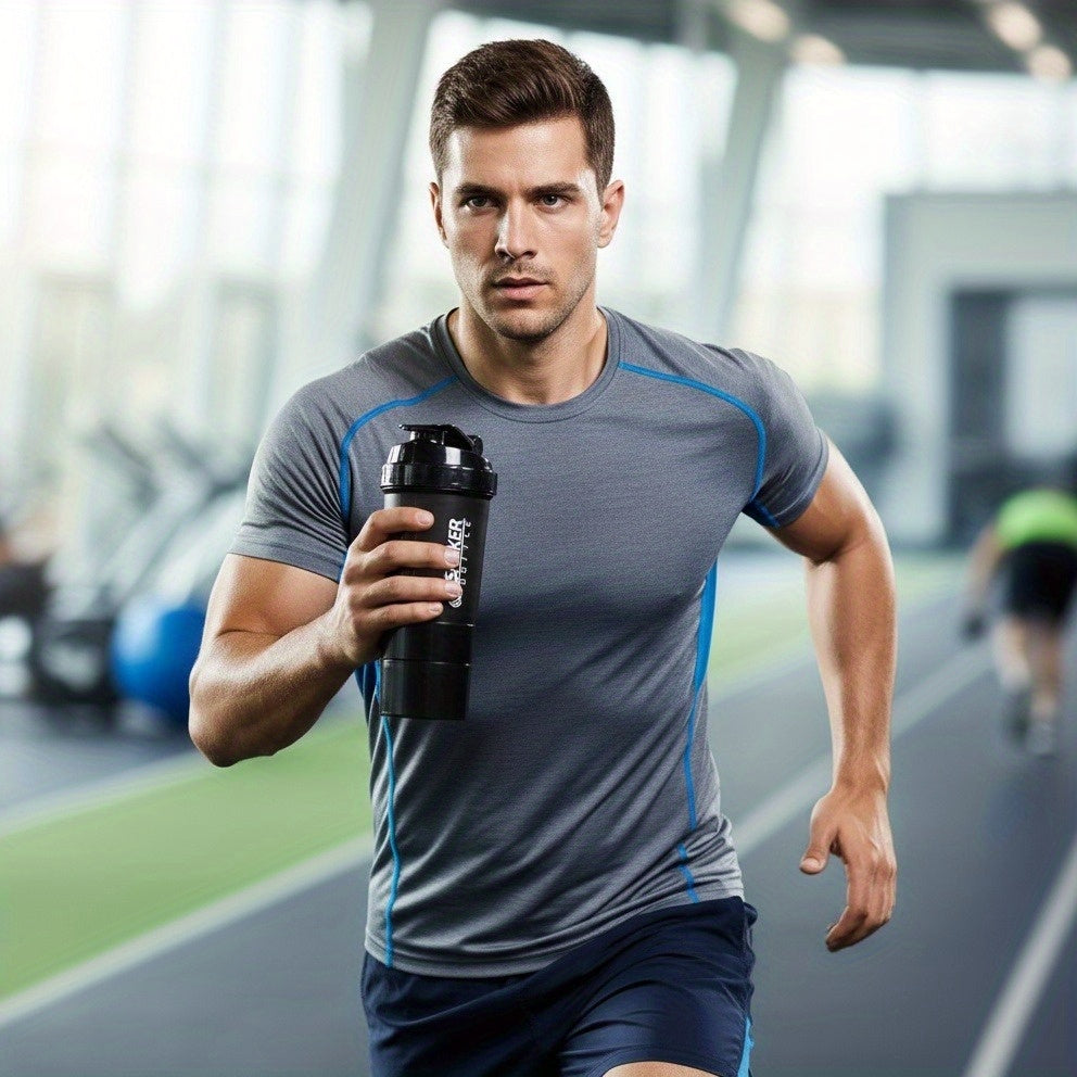 Side view showing the sleek design of the protein shaker bottle