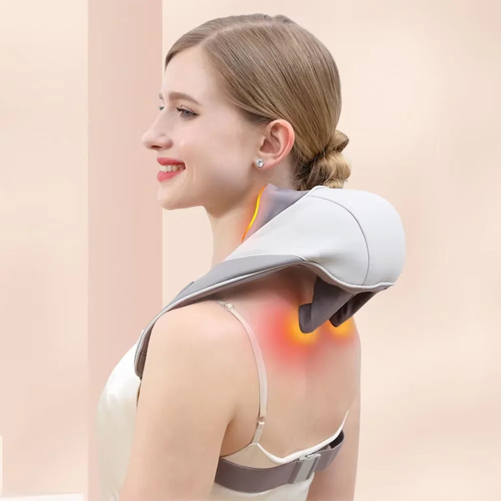 Heated neck massager reducing stress and promoting relaxation