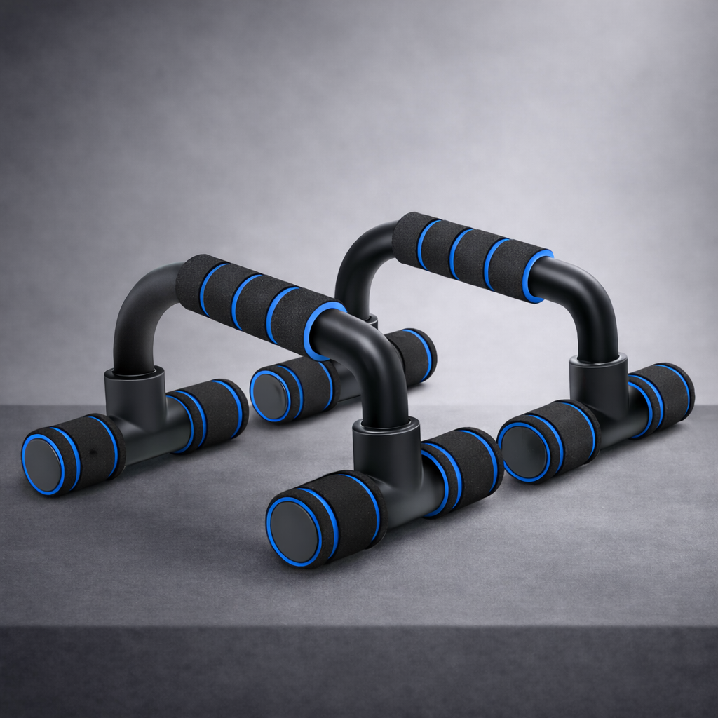 U-shaped pushup bars in blue for home fitness and pushup support