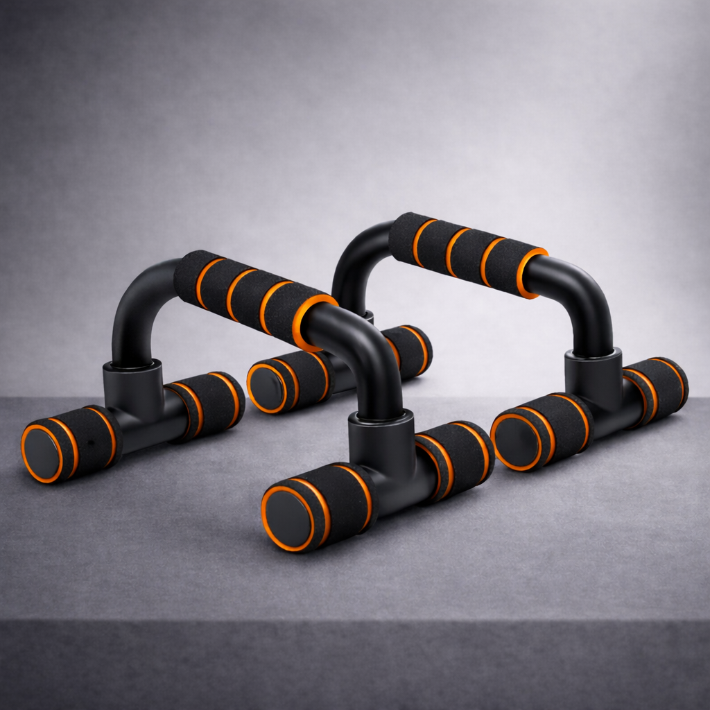 U-shaped pushup bars in orange for chest and arm exercises