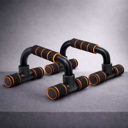 U-shaped pushup bars in orange for chest and arm exercises