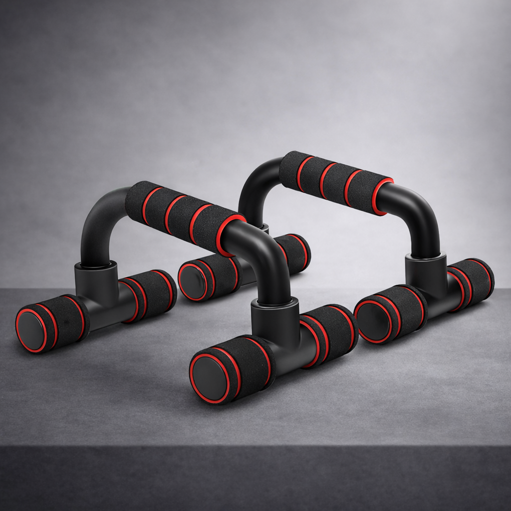 U-shaped pushup bars in red for upper body workouts