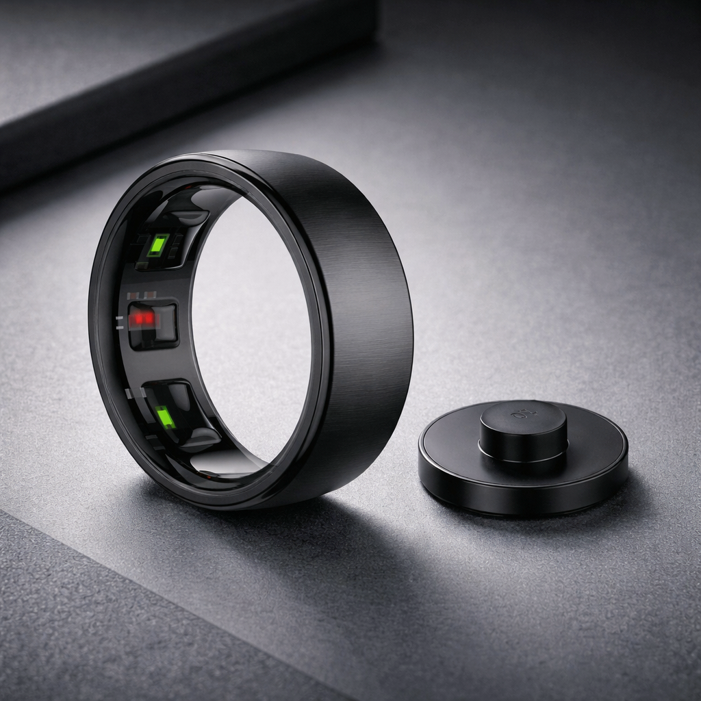 UhOfit 10 smart ring in matte black with built-in health tracking sensors and dock.