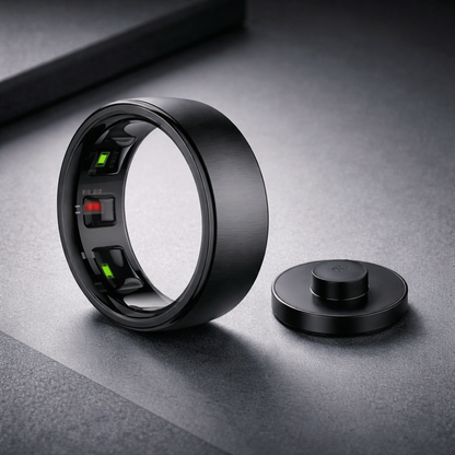 UhOfit 10 smart ring in matte black with built-in health tracking sensors and dock.