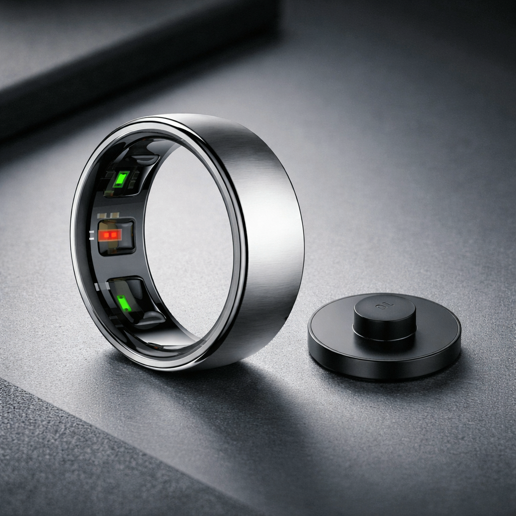 UhOfit 10 smart ring in silver with health sensors and charging dock.