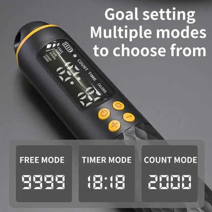 USB Rechargeable Smart Jump Rope – Electronic Fitness Rope with Digital Counter showing goal setting and multiple modes.