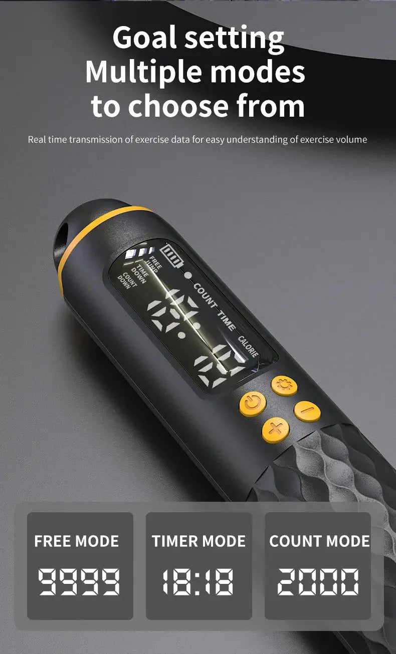 USB Rechargeable Smart Jump Rope – Electronic Fitness Rope with Digital Counter displaying goal settings and modes.
