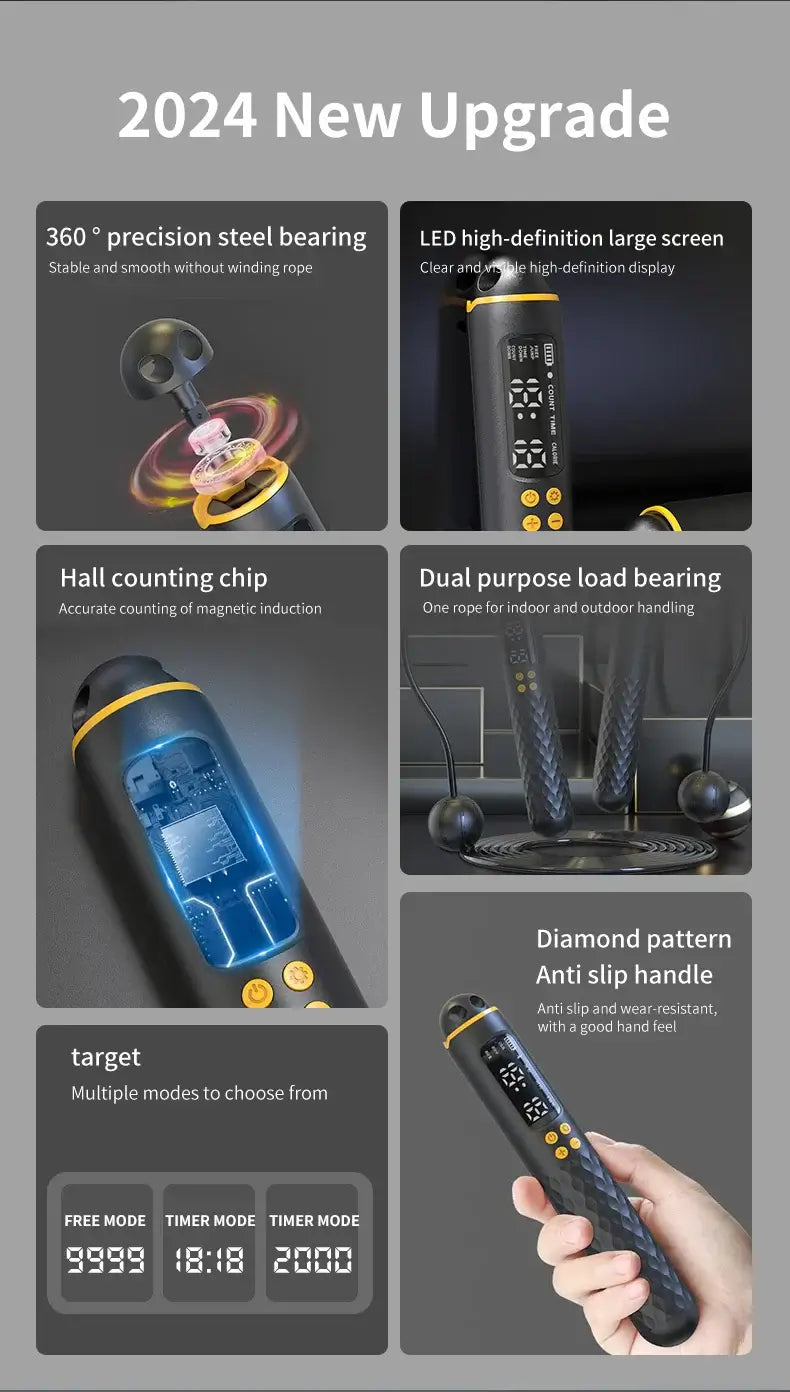 USB Rechargeable Smart Jump Rope – Electronic Fitness Rope with Digital Counter features upgraded precision steel bearing and LED display.