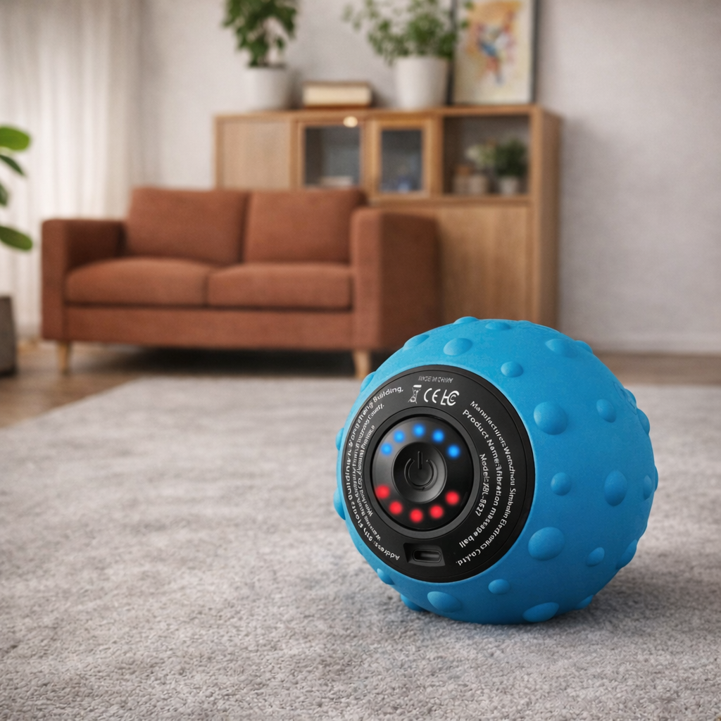 Blue vibrant massage ball on a home friendly enviroment