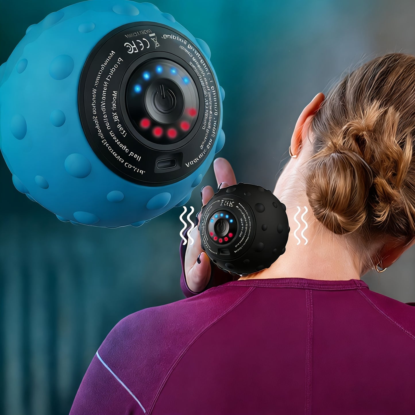 Person holding 5-speed rechargeable vibration massage ball, perfect for targeting neck, shoulder, waist, and foot muscles