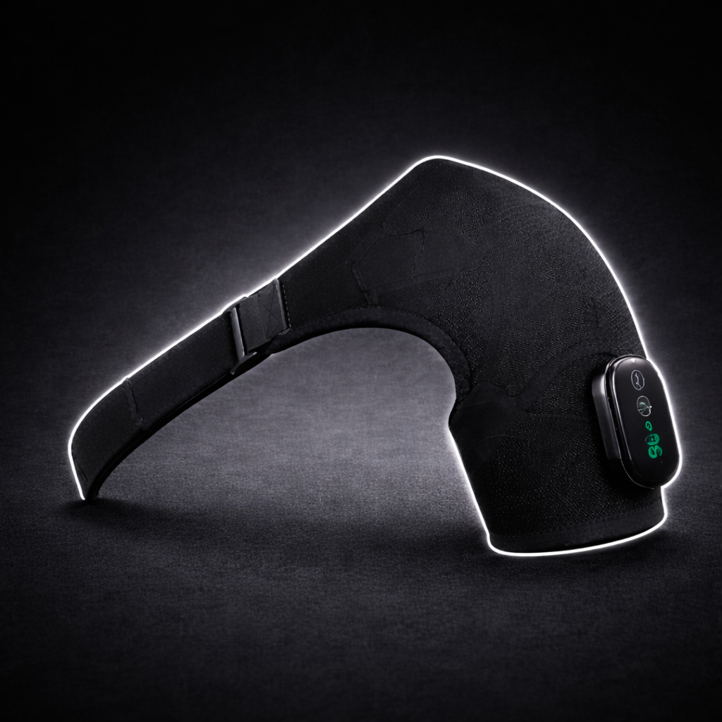 Wireless heated shoulder massager with dual heat and vibration therapy designed to relieve shoulder tension, reduce muscle stiffness, and improve comfort through soothing cordless heat and targeted massage treatment.