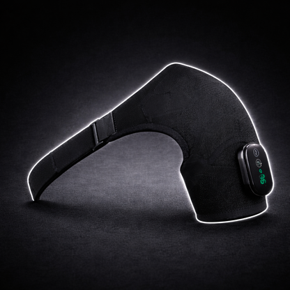 Wireless heated shoulder massager with dual heat and vibration therapy designed to relieve shoulder tension, reduce muscle stiffness, and improve comfort through soothing cordless heat and targeted massage treatment.