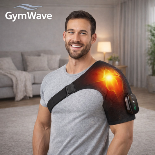 Wireless Heated Shoulder Pad and Massager on a model showing dual-zone heat