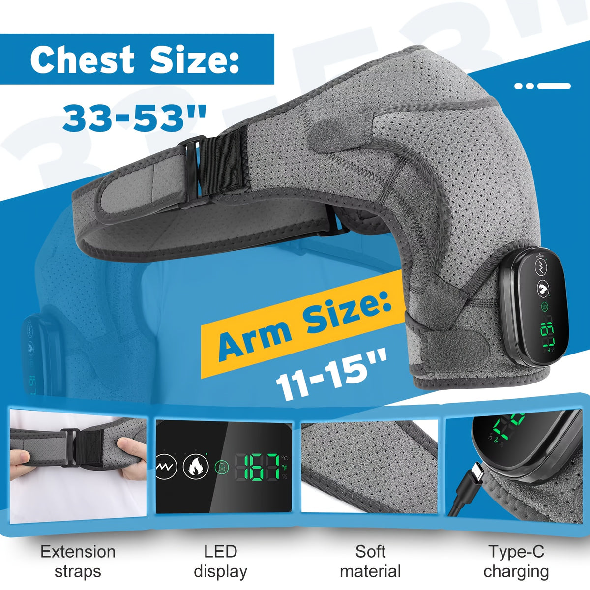 Dual-zone heating areas glowing on shoulder pad