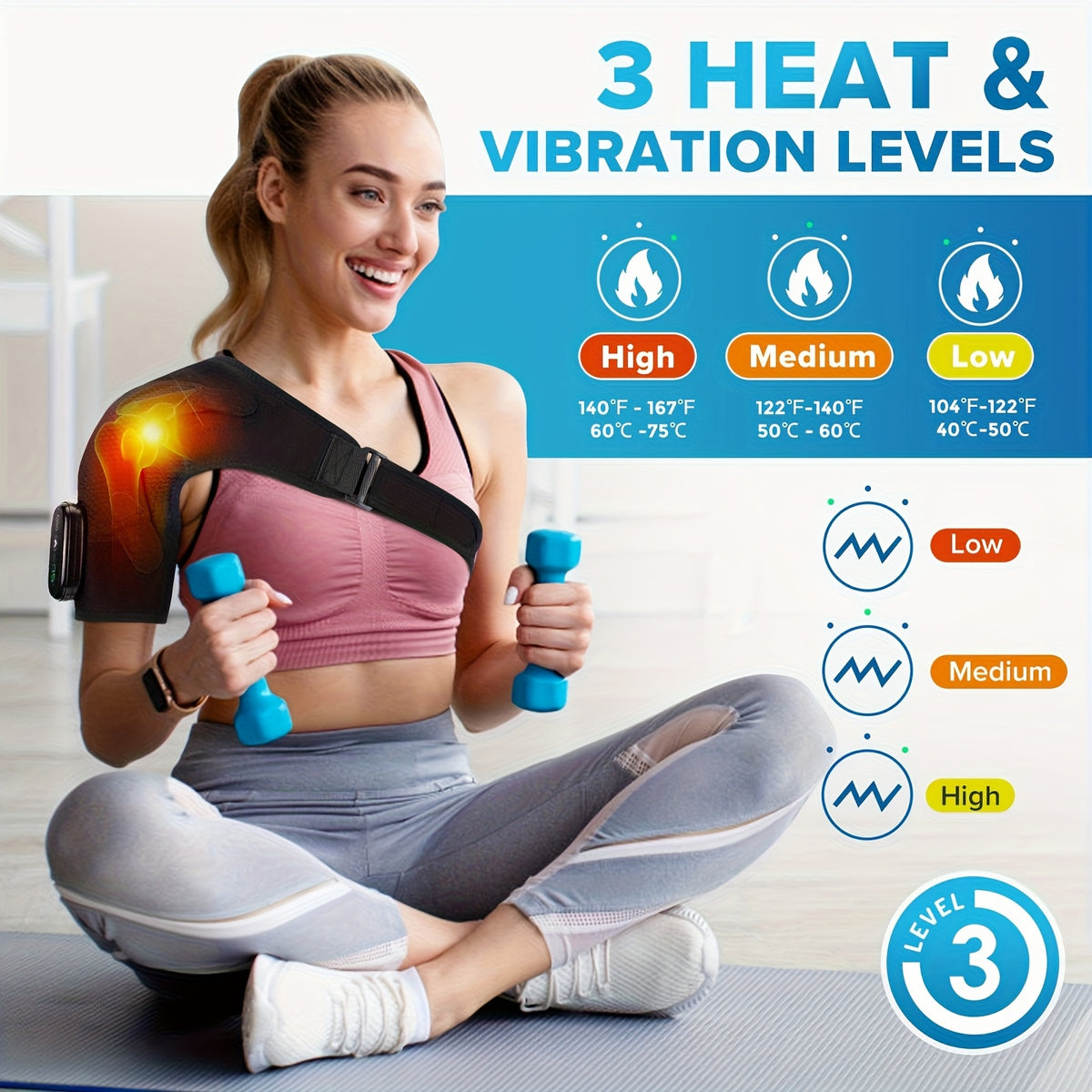 Shoulder pad providing heat therapy for muscle recovery with 3 vibration levels