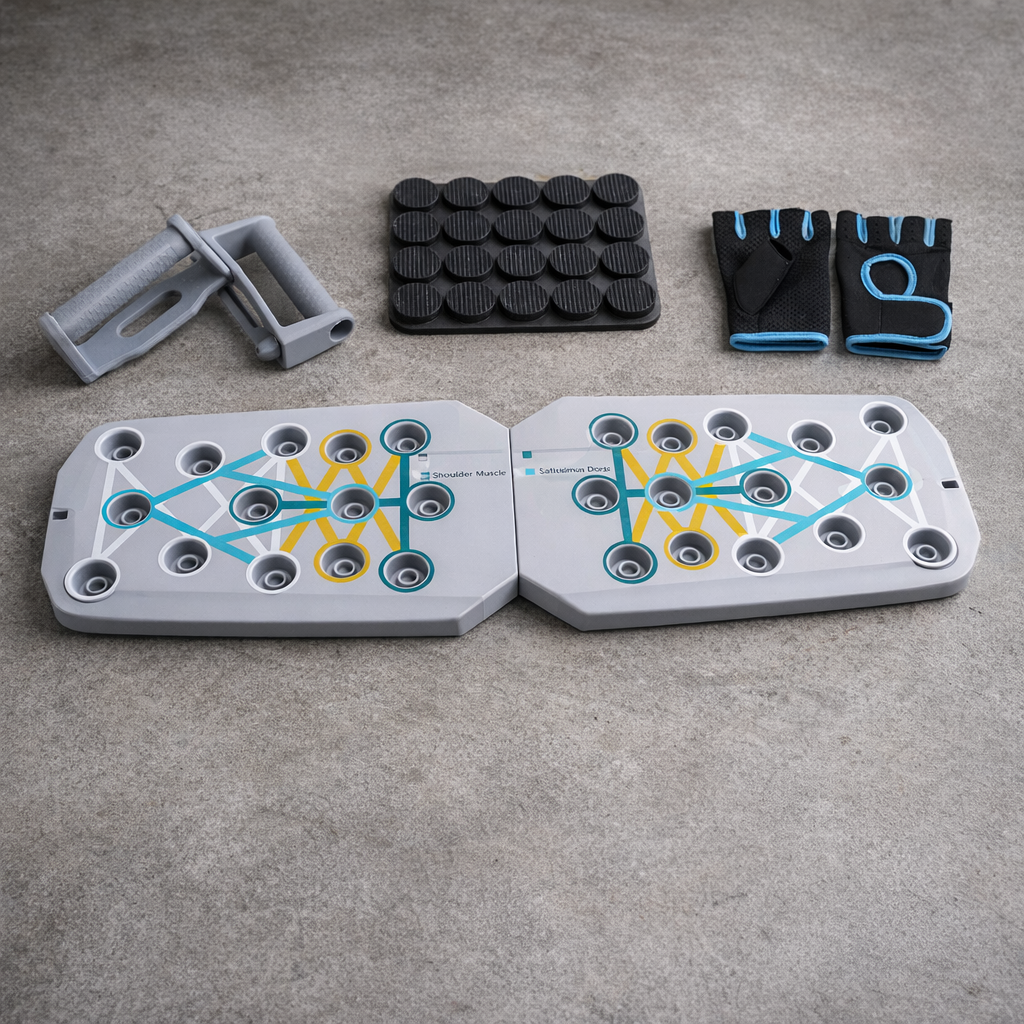Grey pushup board with workout gloves for gym and home training