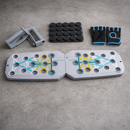 Grey pushup board with workout gloves for gym and home training